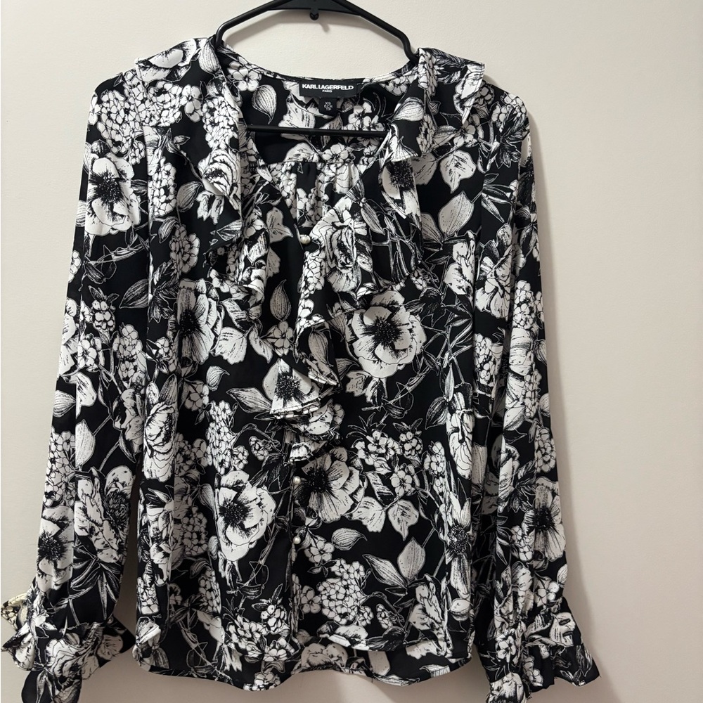 Karl Lagerfeld Black and White Ruffled Front Blouse